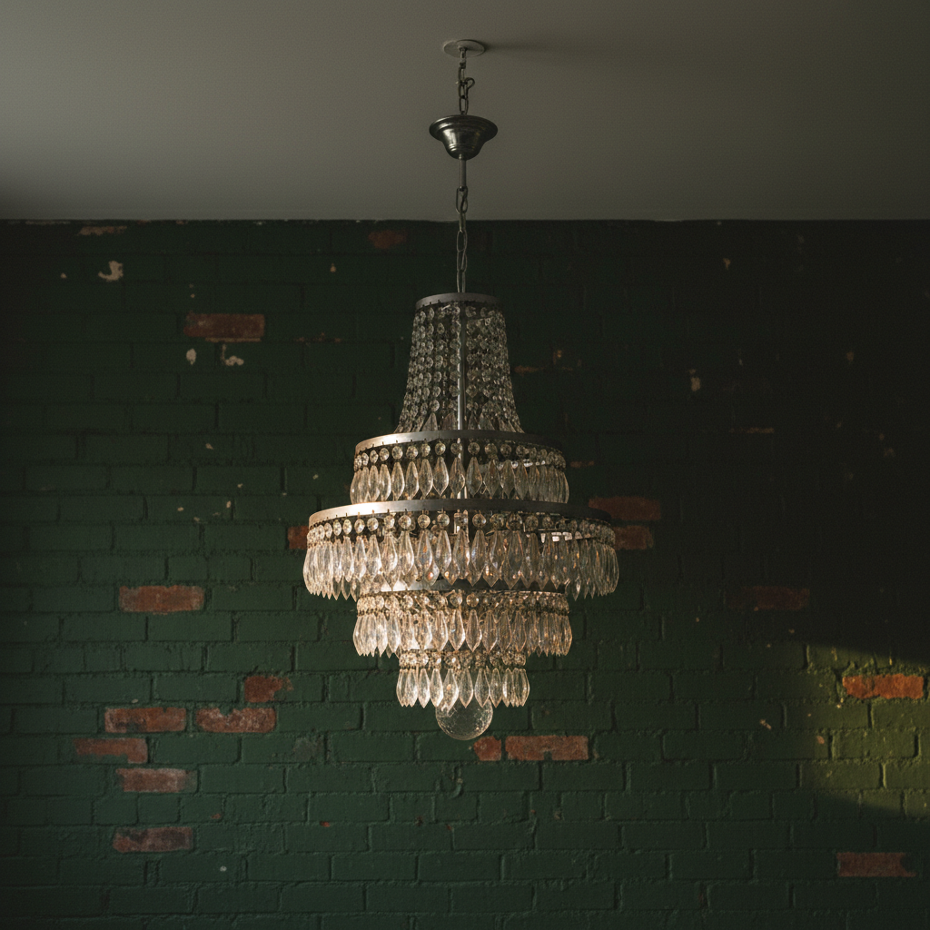 AI chandelier design generator result: a tiered crystal basket chandelier with pendalogue droplets against moss green painted brick