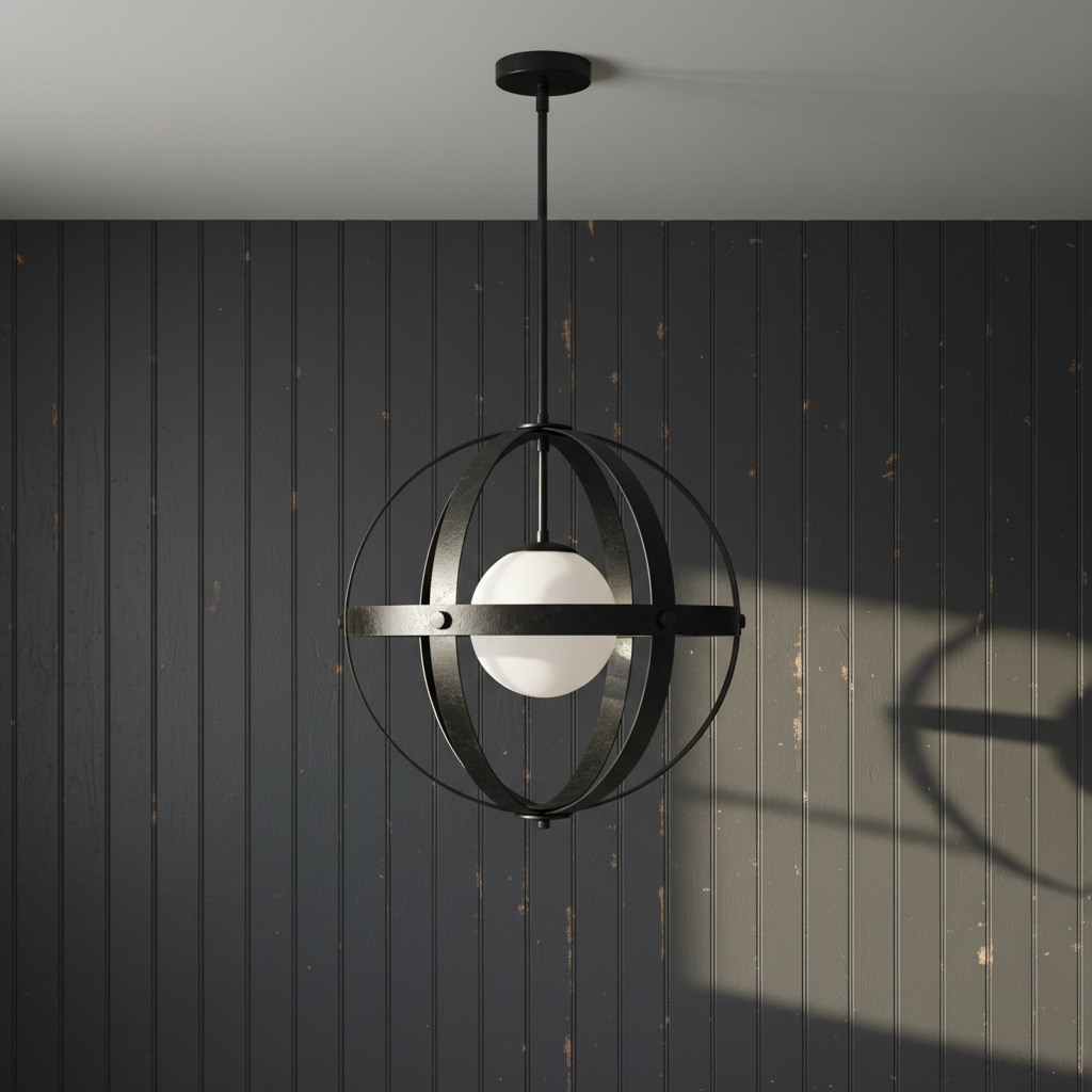 AI chandelier design generator result: a forged black iron orb chandelier with an opal glass globe inside, against dark charcoal boarding