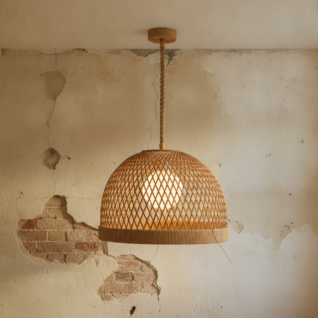 AI chandelier design generator result: a woven rattan dome chandelier glowing against a wall of lime plaster crumbling away to brick