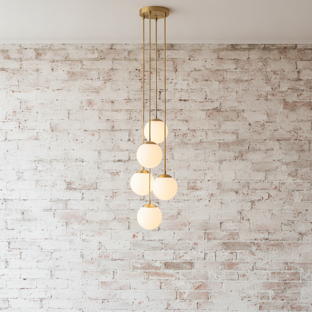 AI chandelier design generator result: a cluster of five opal glass globes on brass rods at five different heights against painted brick