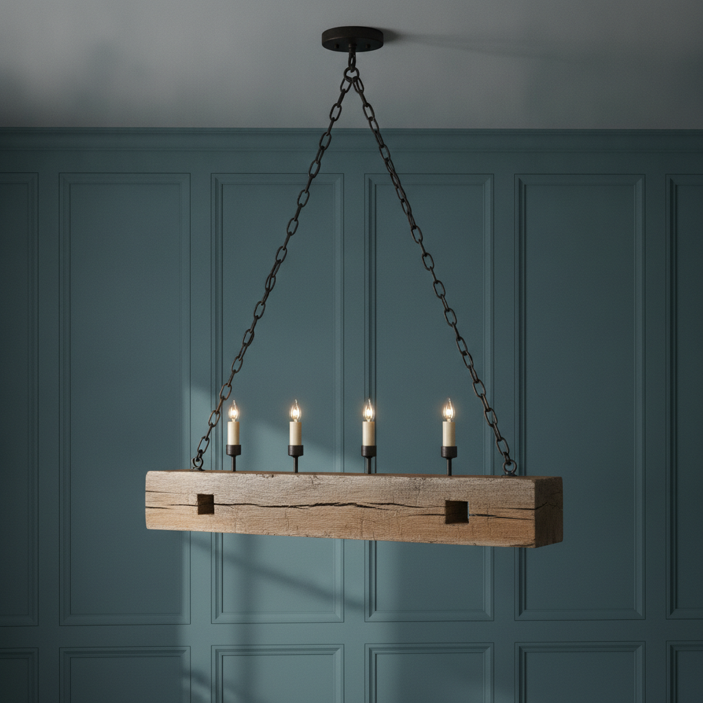AI chandelier design generator result: a reclaimed oak beam chandelier on iron chains with four candle holders, against blue-green panelling