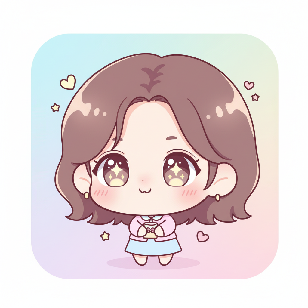 AI chibi generator result showing a person turned into a cute kawaii chibi character with a big head, sparkling eyes, and tiny body on a pastel background