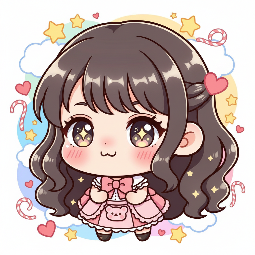 AI chibi generator result showing a smiling person as a chibi anime character with rosy cheeks and big expressive eyes against a colorful background with stars and hearts