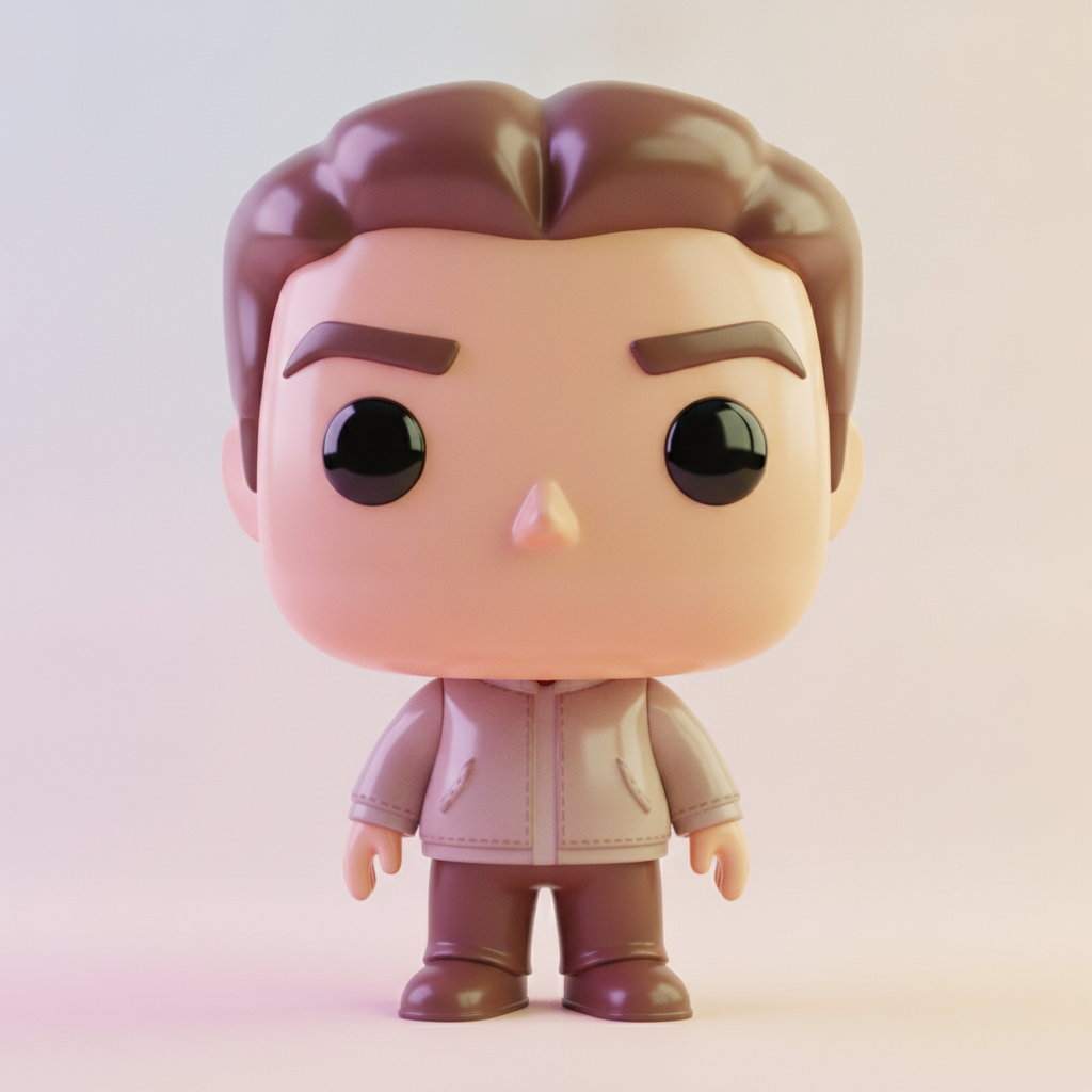 AI chibi generator result showing a person as a glossy 3D chibi figure with a big head and tiny body under studio lighting on a pastel backdrop