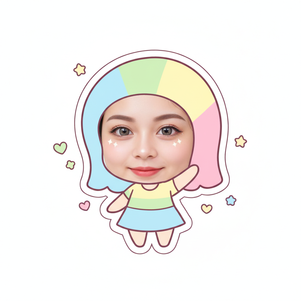 AI chibi generator result showing a person as a kawaii chibi sticker with a thick white outline, flat bright colors, and a tiny waving body
