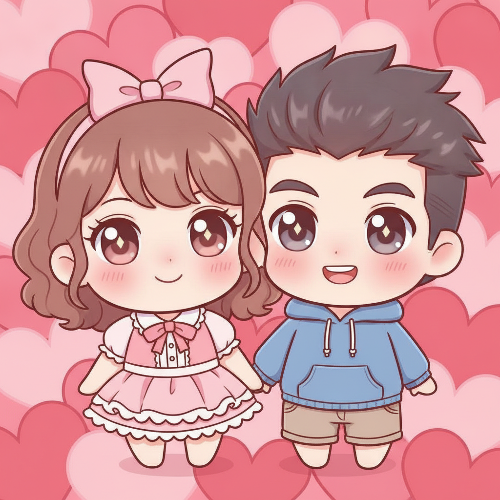 AI chibi generator result showing a couple turned into two cute chibi characters standing together with a pink heart background