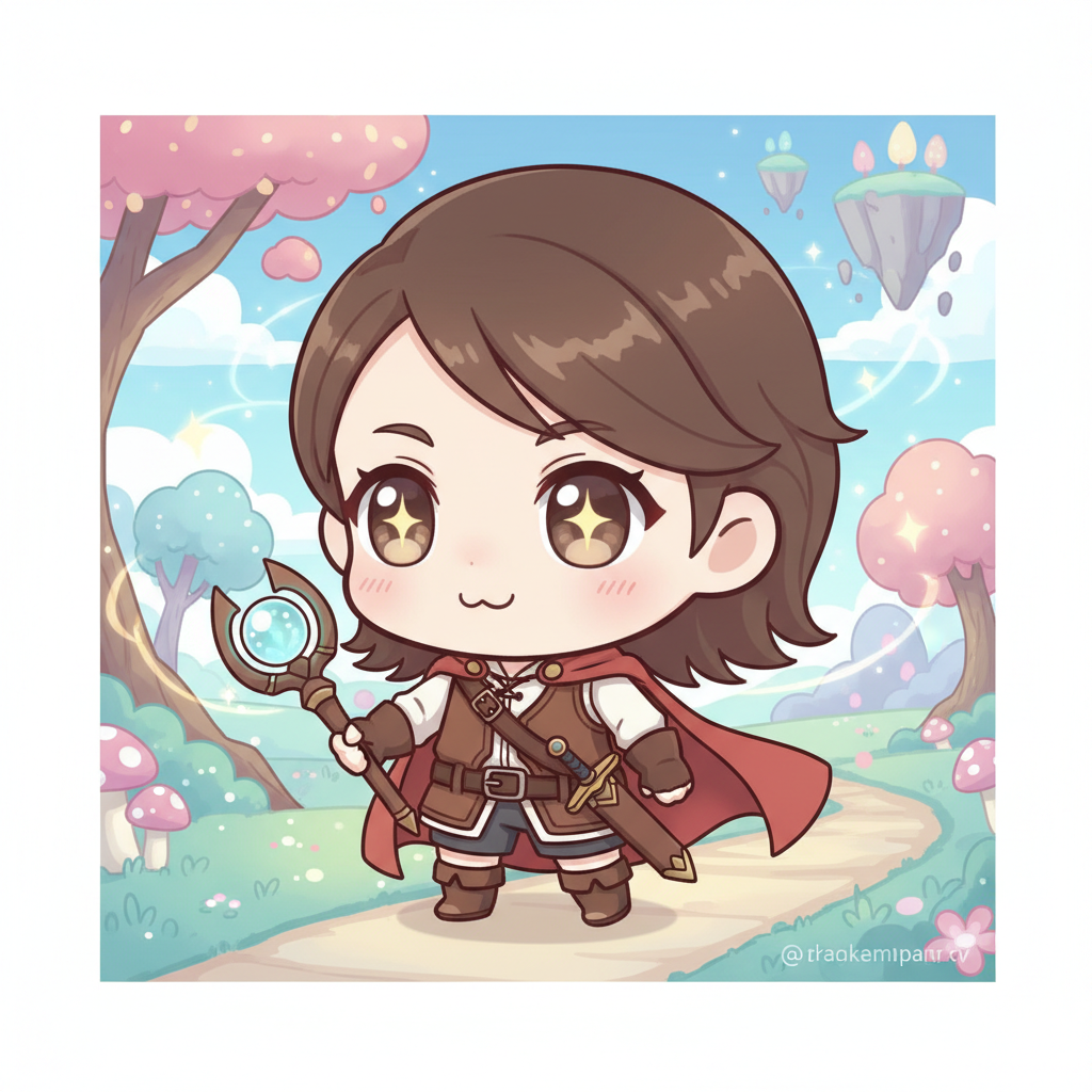 AI chibi generator result showing a person as a fantasy chibi adventurer character with a little cape and big round eyes in a soft magical background
