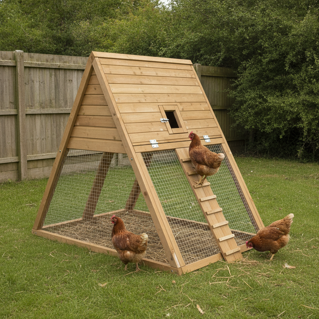 AI chicken coop design generator result: a cedar A-frame chicken coop on mown grass in a fenced back garden, the upper third an enclosed sleeping box clad in horizontal boards with a metal hasp, the lower two thirds an open run walled in taut welded mesh, a cleated plank ramp running down the right slope, and three brown hens — one on the ramp, one on the grass at the left and one pecking at the right.