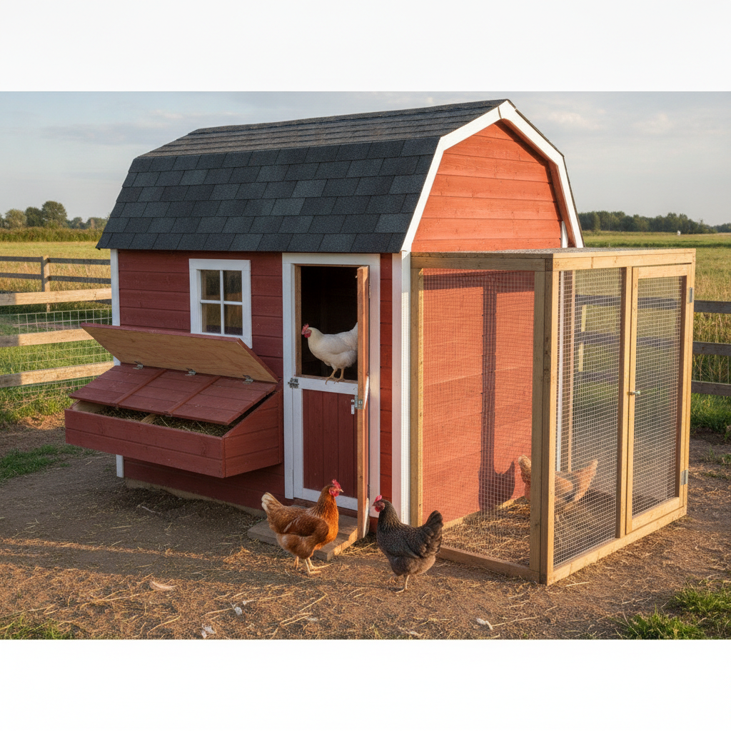 AI chicken coop design generator result: a walk-in barn-style chicken coop clad in deep red boards with white trim and a grey shingled gambrel roof, a human-height door standing ajar, a four-pane window, a long hinged nest box lid propped open on the left showing straw, a mesh run running off to the right, and five hens in and around it.