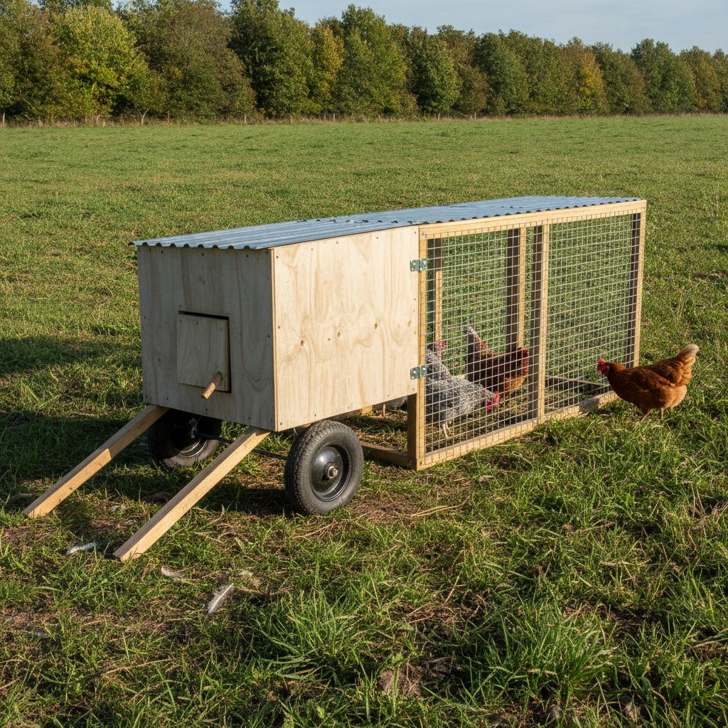 AI chicken coop design generator result: a mobile chicken tractor on open pasture, the near half a pale plywood roosting box under a corrugated galvanised steel roof with a closed pop hatch on a wooden turn latch, the far half a welded mesh run, two black rubber wheels on a steel axle and two bare timber lifting handles resting on the grass, with hens inside the run and one brown hen out on the grass.