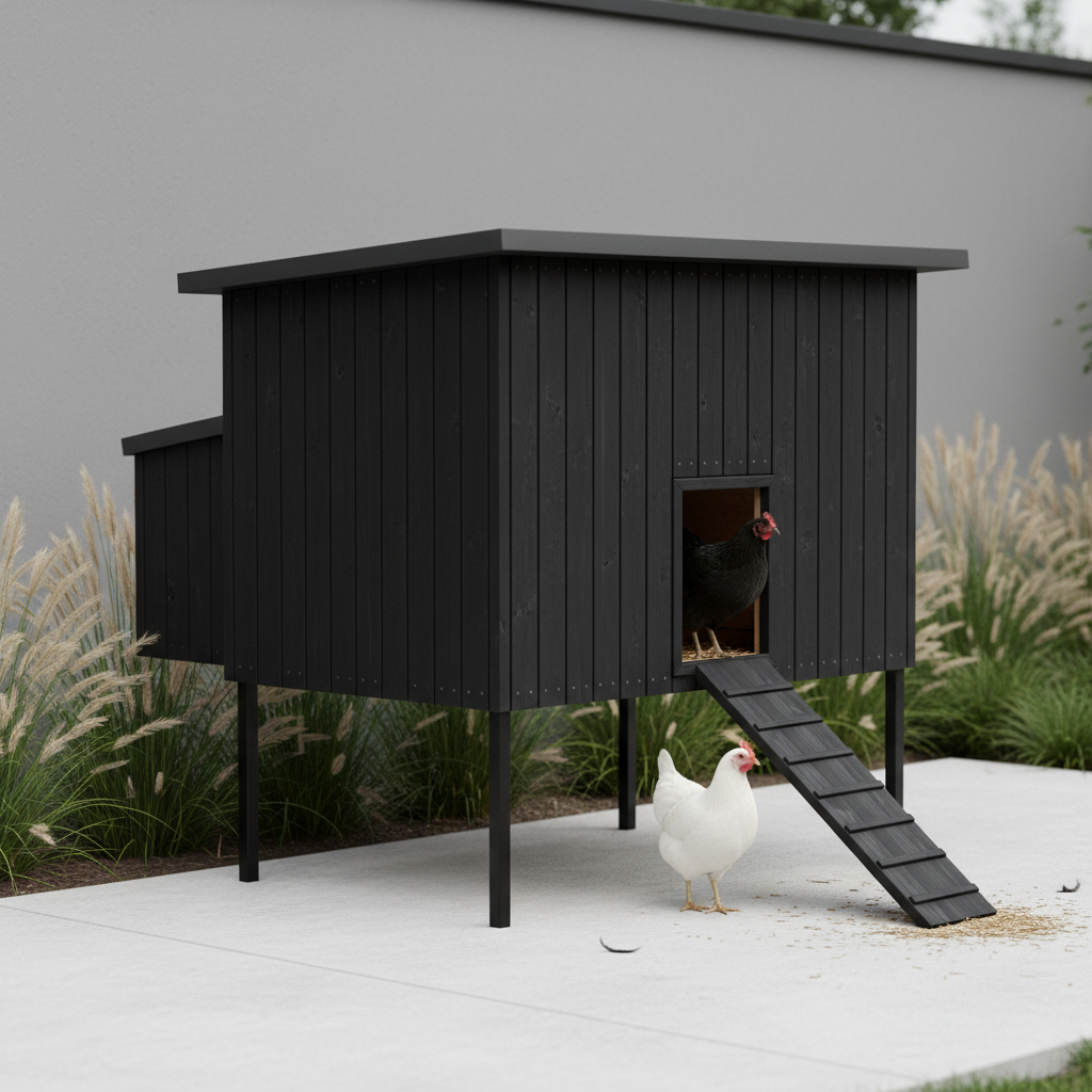 AI chicken coop design generator result: a modern minimalist chicken coop raised on four slim black steel legs over a pale concrete pad, clad in narrow vertical matt black slats with even shadow gaps, a flat dark metal roof, a square opening with a black steel battened ramp, ornamental grasses behind, a black hen in the opening and a white hen on the concrete below.