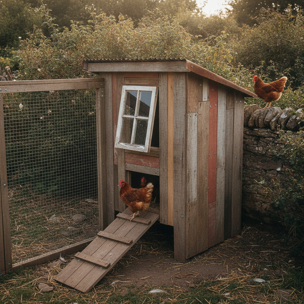 AI chicken coop design generator result: a rustic chicken coop built from mismatched salvaged boards in weathered grey, faded red and raw brown under a rusting corrugated iron mono-pitch roof, with a six-pane salvaged window sash propped open, a worn plank ramp down to strawy earth, a dry stone wall alongside, one reddish hen on the ramp and one on the wall.