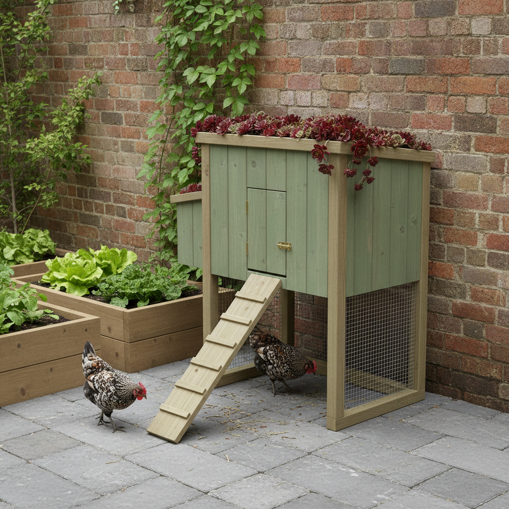 AI chicken coop design generator result: a compact urban chicken coop in a walled city garden, raised on four square timber legs over grey paving slabs with a mesh-enclosed space beneath, clad in sage green vertical boards, topped with a living roof of red and green sedum spilling over the edge, a battened ramp down to the slabs, raised vegetable beds to the left and speckled bantam hens below.