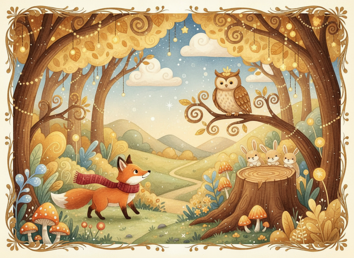 AI children's book illustration generator result showing a curious little fox in a red scarf exploring a glowing enchanted forest at dusk in soft watercolor style