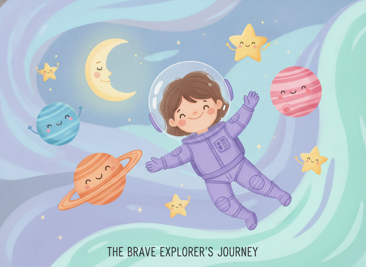 AI children's book illustration generator result showing a brave young girl astronaut floating among smiling planets and friendly stars in pastel cartoon style