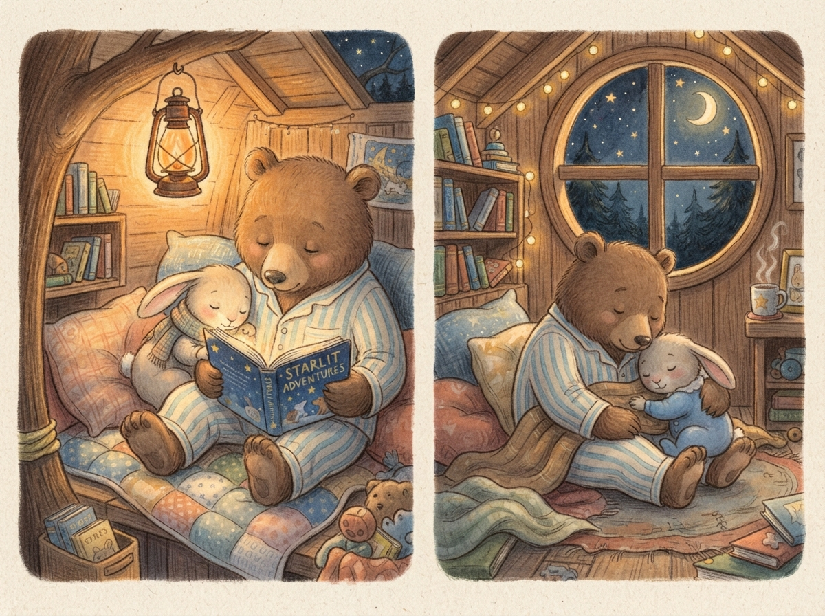 AI children's book illustration generator result showing a sleepy bear and a small rabbit reading a book together in a cozy treehouse at night for a bedtime story