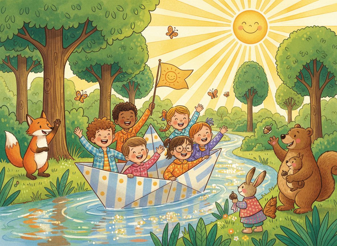 AI children's book illustration generator result showing a group of diverse kids sailing a paper boat down a sparkling river with friendly animals waving