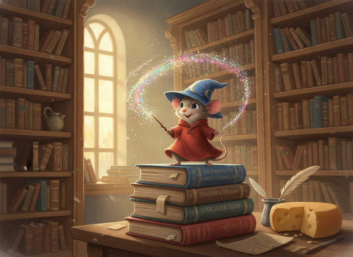 AI children's book illustration generator result showing a tiny wizard mouse casting colorful sparkles in an old library full of giant books