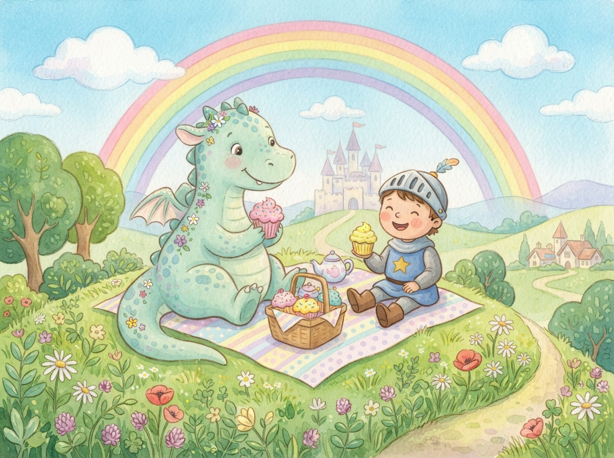 AI children's book illustration generator result showing a smiling dragon and a little knight sharing cupcakes on a grassy hill under a rainbow