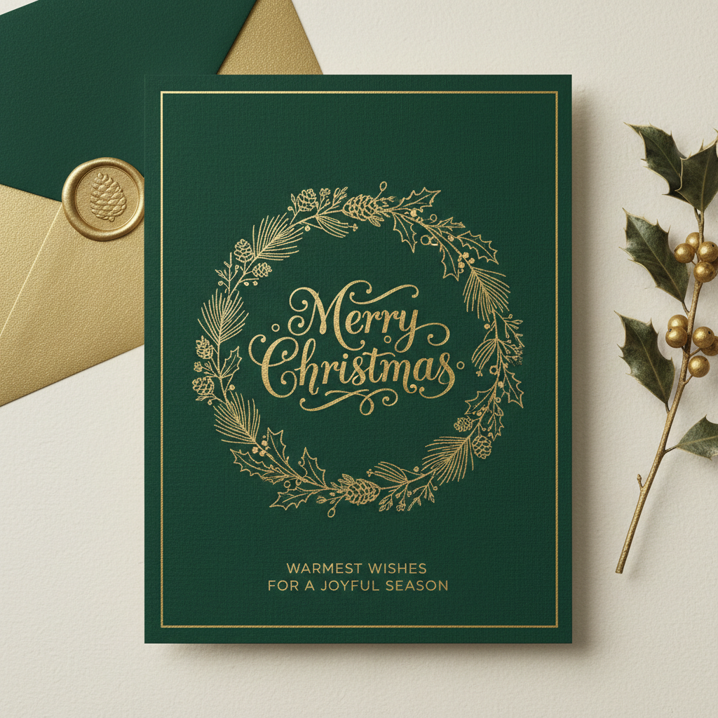 AI Christmas card generator result: an elegant forest green holiday card with a gold foil holly and pine wreath and ornate Merry Christmas lettering
