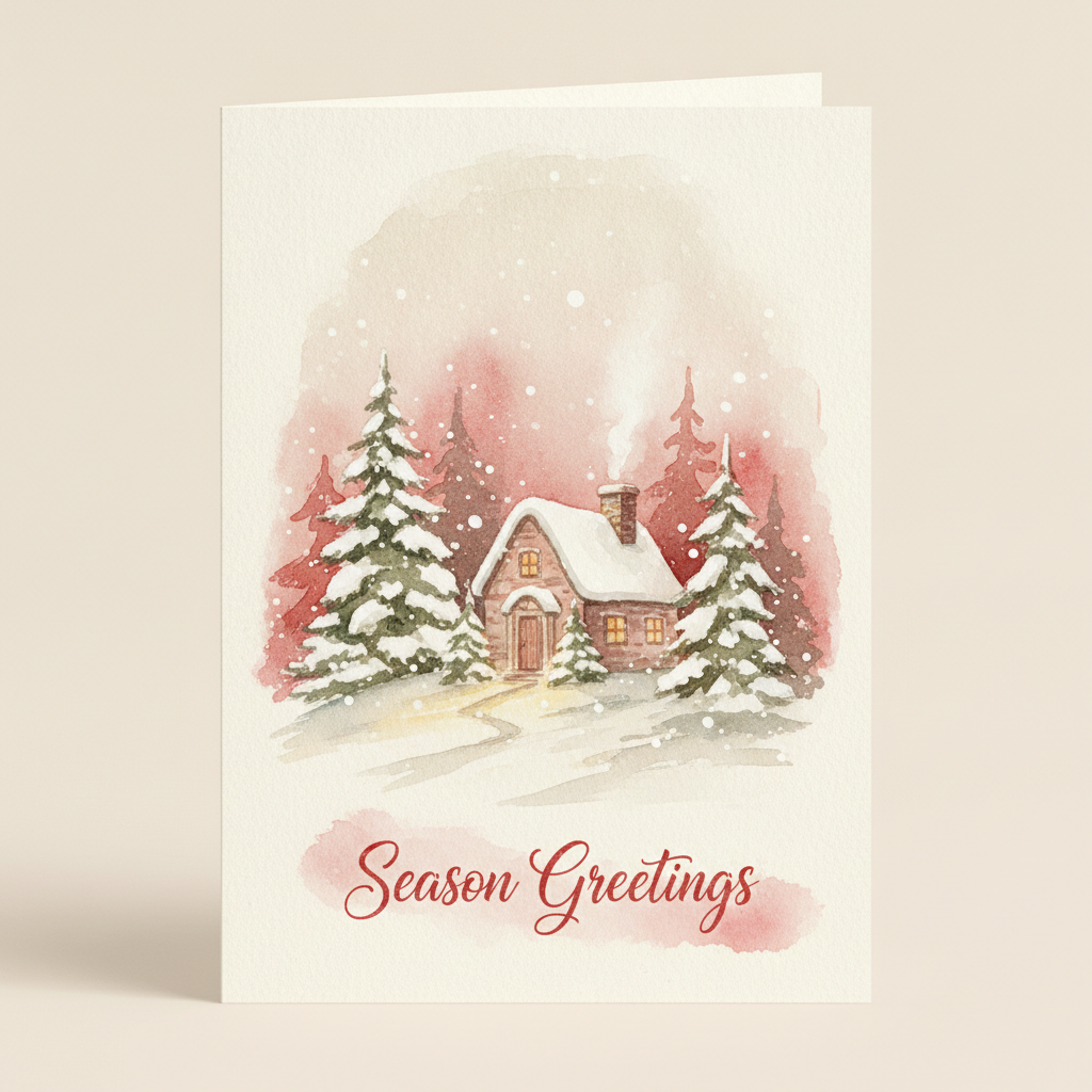 Watercolour Christmas card made with the AI Christmas card generator: a snowy village cottage with glowing windows, falling snow and handwritten Season Greetings
