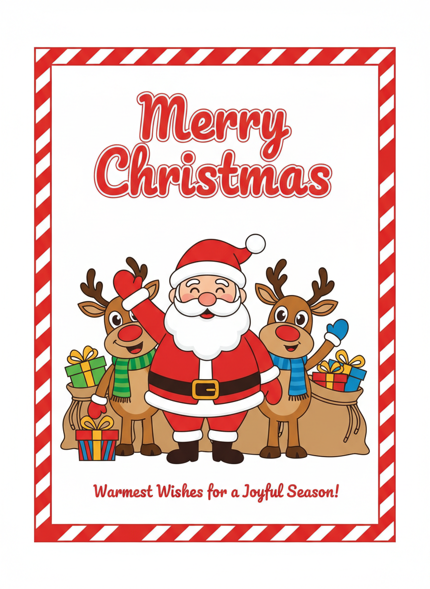Cartoon Christmas card design by AI: a cheerful waving Santa with reindeer and gift sacks inside a red and white candy stripe border