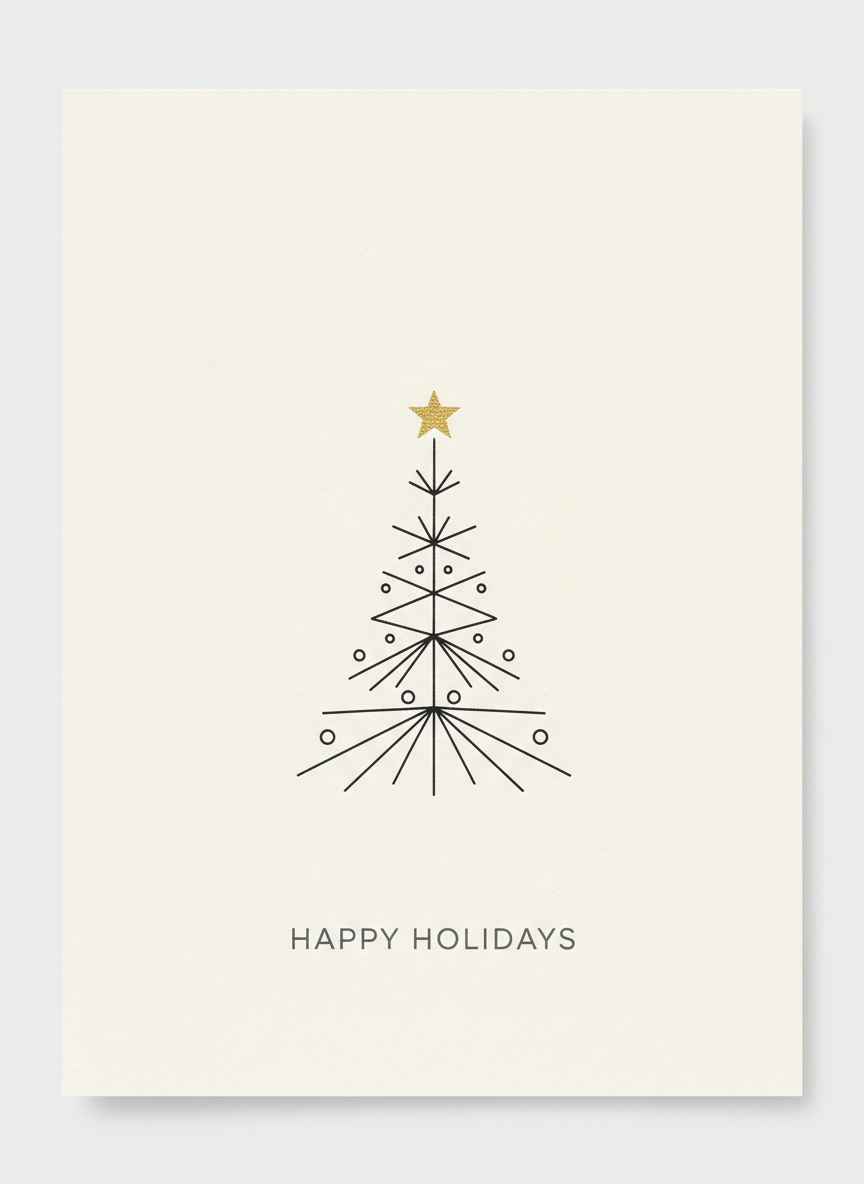 Minimalist Christmas card generated by AI: a cream sheet with a single black line-art Christmas tree, a small gold star and clean Happy Holidays type