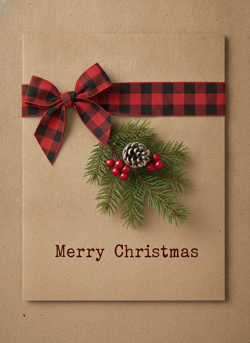 Rustic farmhouse Christmas card from the AI Christmas card generator: kraft paper with red buffalo plaid ribbon, pine sprigs and typewriter lettering