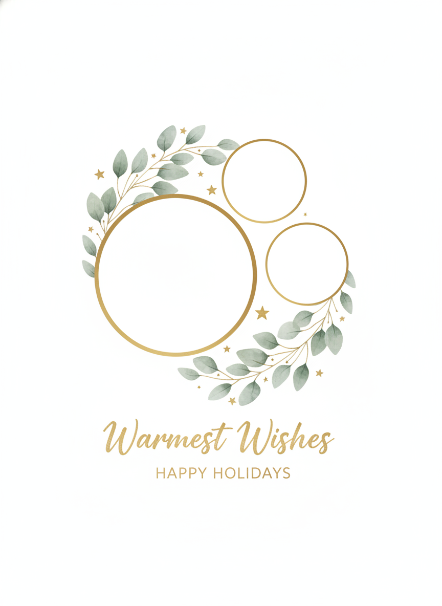 Family photo Christmas card layout designed by AI: three photo frames on white with a eucalyptus and gold star garland and Warmest Wishes script