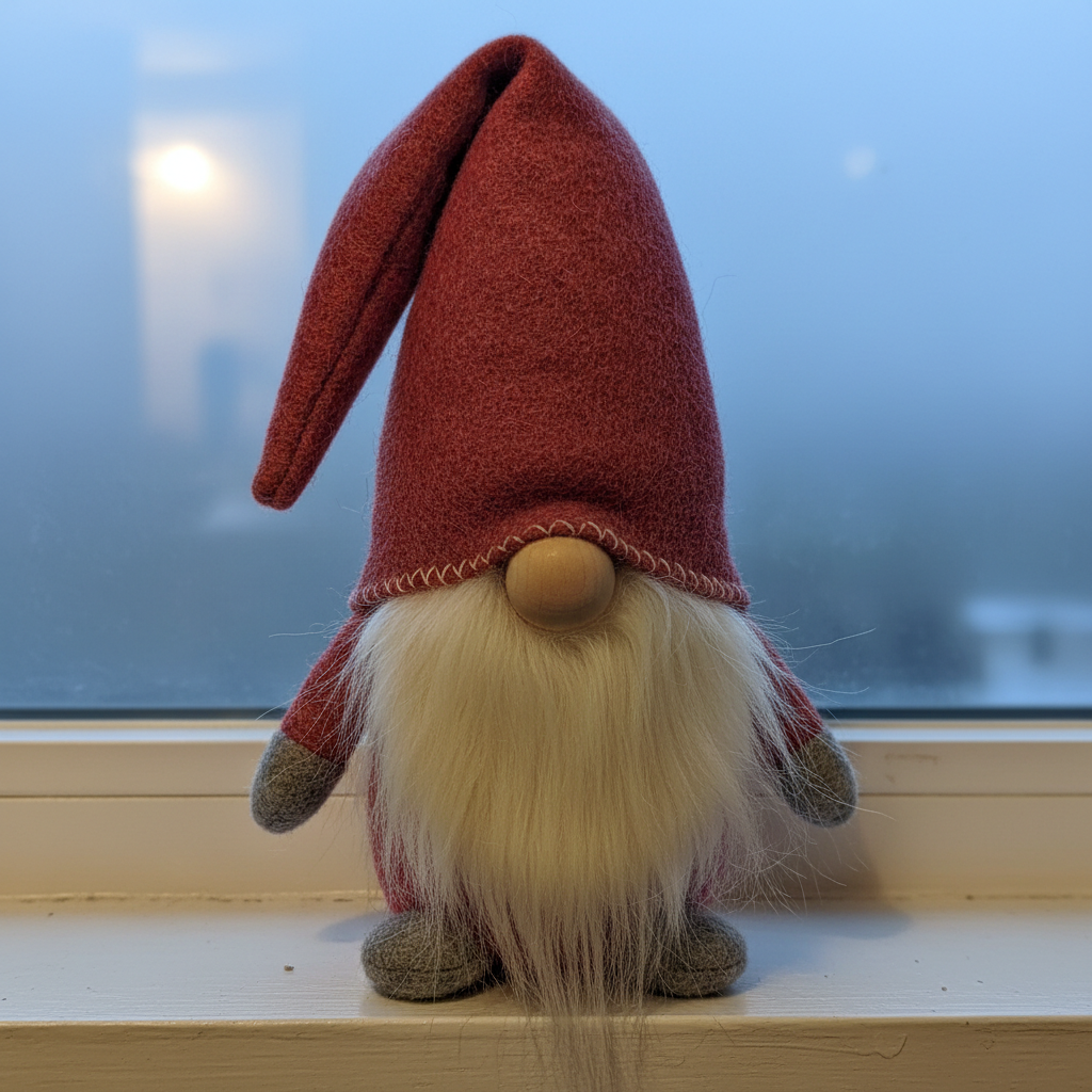 Handmade felt Christmas gnome with a flecked heather-red cone hat and a long plush cream beard standing on a frosted windowsill