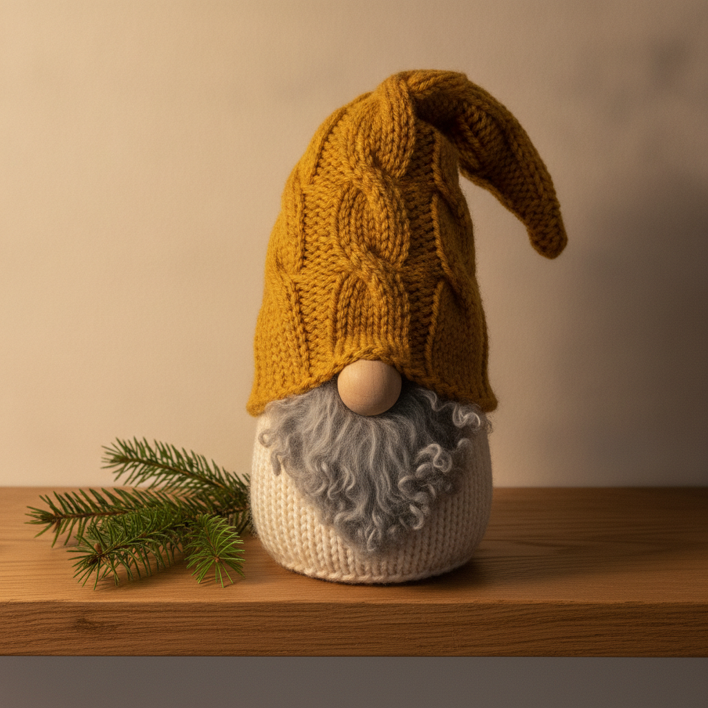 Chunky hand-knitted Christmas gnome with a cabled mustard hat and curly grey fleece beard sitting on a bare oak shelf beside fir sprigs