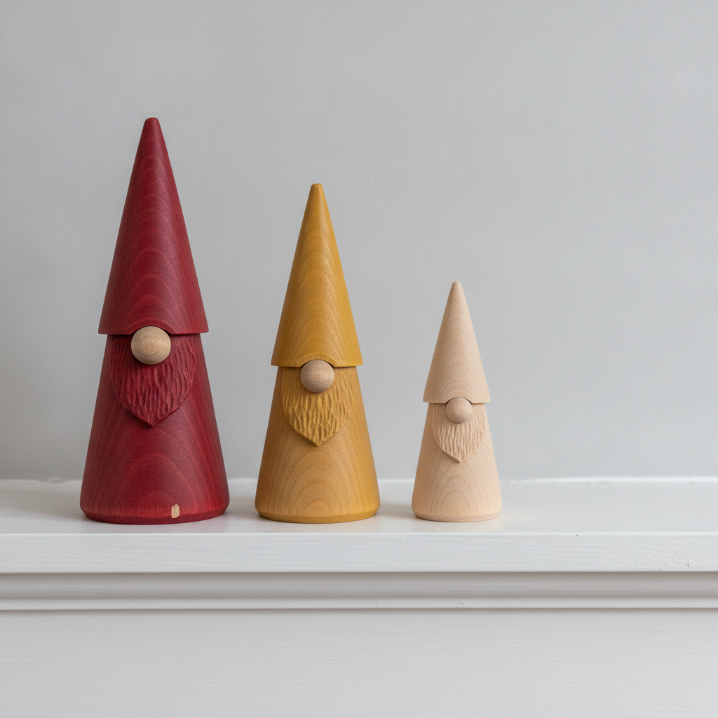 Three turned-wood Scandinavian gnome figures in a row on a white mantel, graded tallest to smallest with red, mustard and bare birch hats