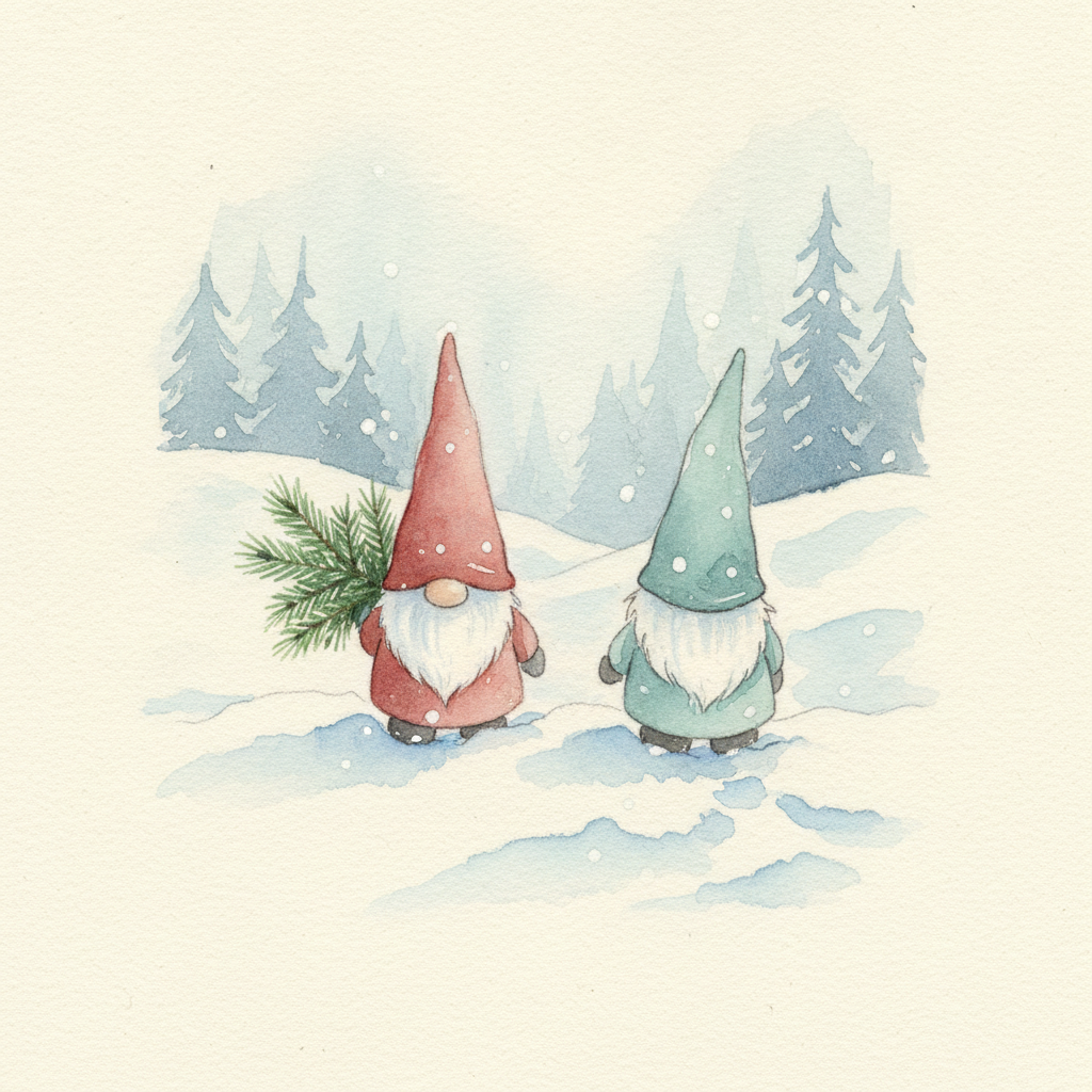 Loose watercolour of two Christmas gnomes in red and teal hats walking through deep snow among dry-brushed blue-grey pines