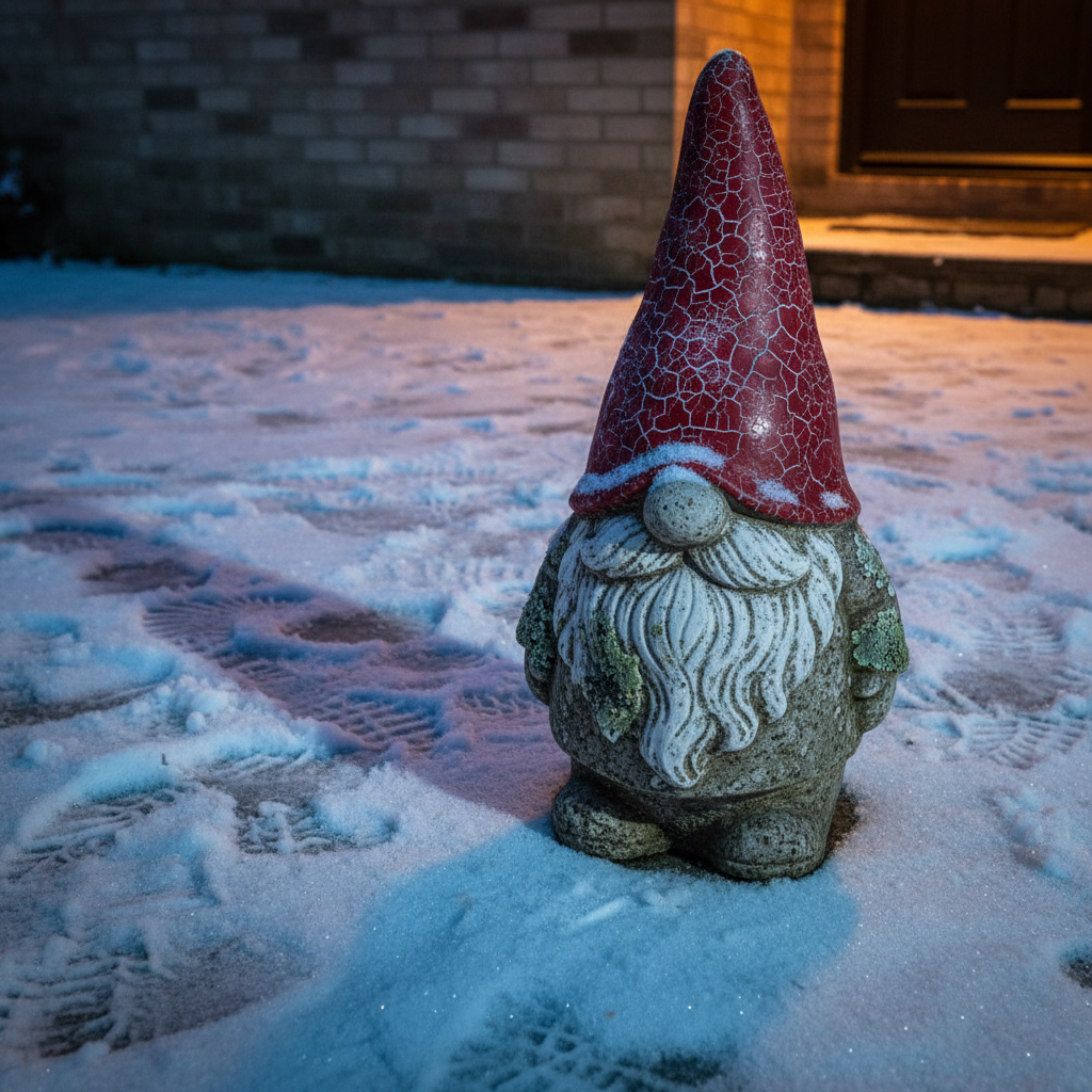 Weathered cast concrete garden gnome with a faded red hat and fresh snow on its shoulders beside a cottage doorstep at dusk