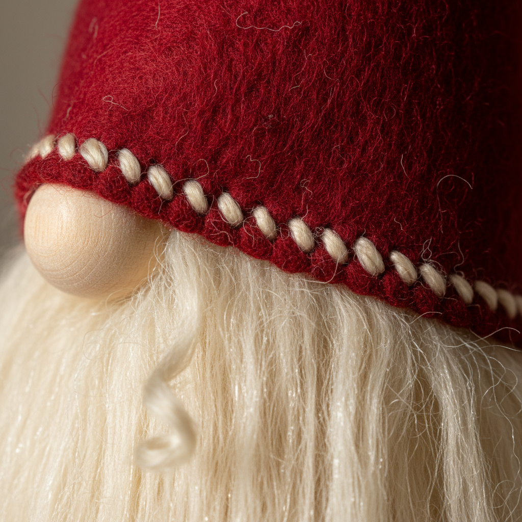 Macro photograph of a felt gnome where the stitched wool hat brim meets the individual cream strands of its beard
