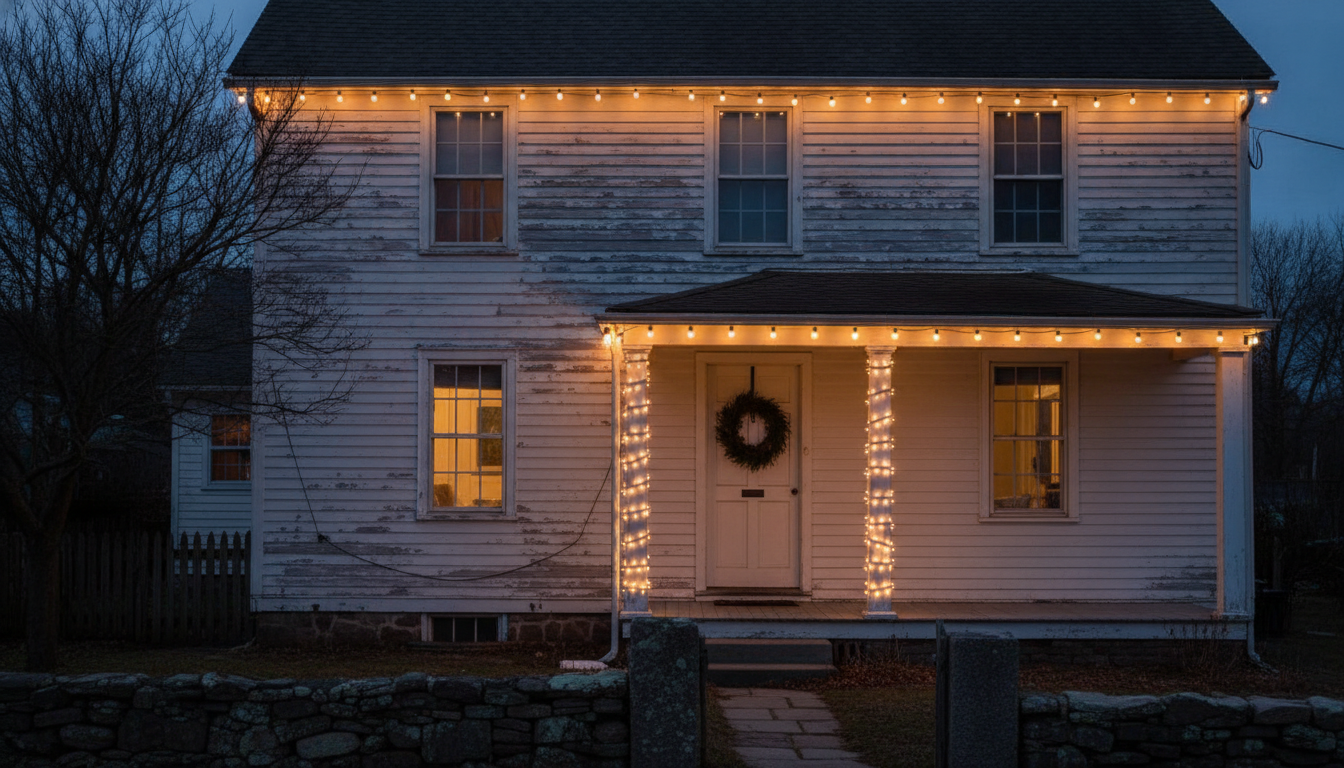AI Christmas lights design generator result: a white clapboard colonial at dusk with a warm white roofline run, a lit porch roof and two columns wrapped in bulbs