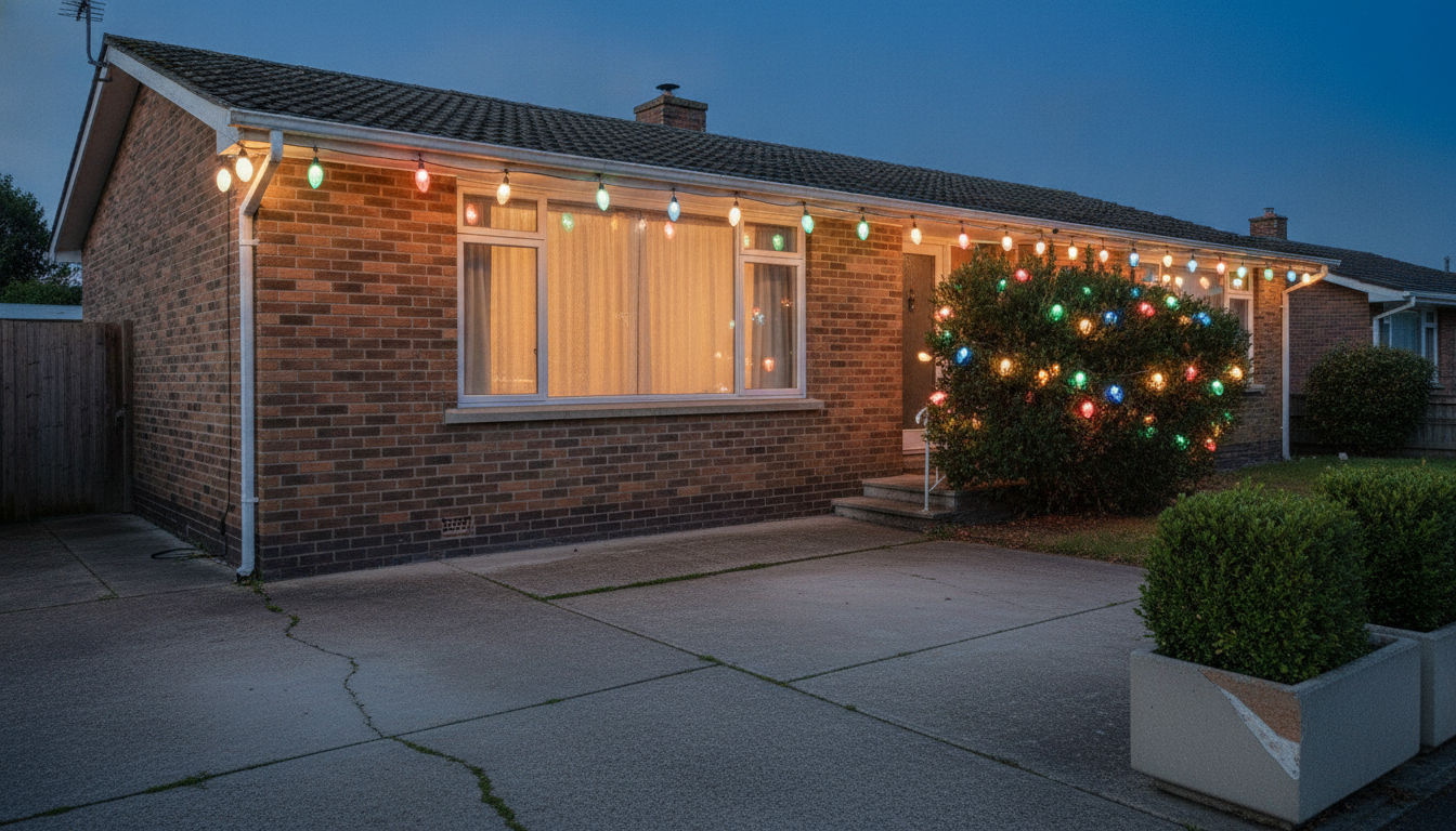 AI Christmas lights design generator result: a 1970s brick ranch with large retro multicolour bulbs along the gutter and one shrub wound with the same strand
