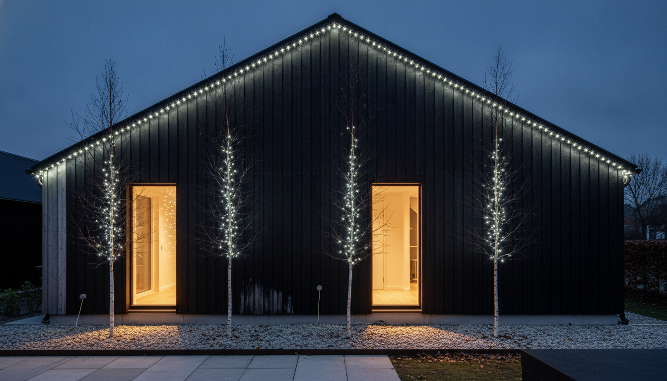 AI Christmas lights design generator result: a modern black timber-clad house with a single cool white pin-light run along the roof edge and lit birch trunks