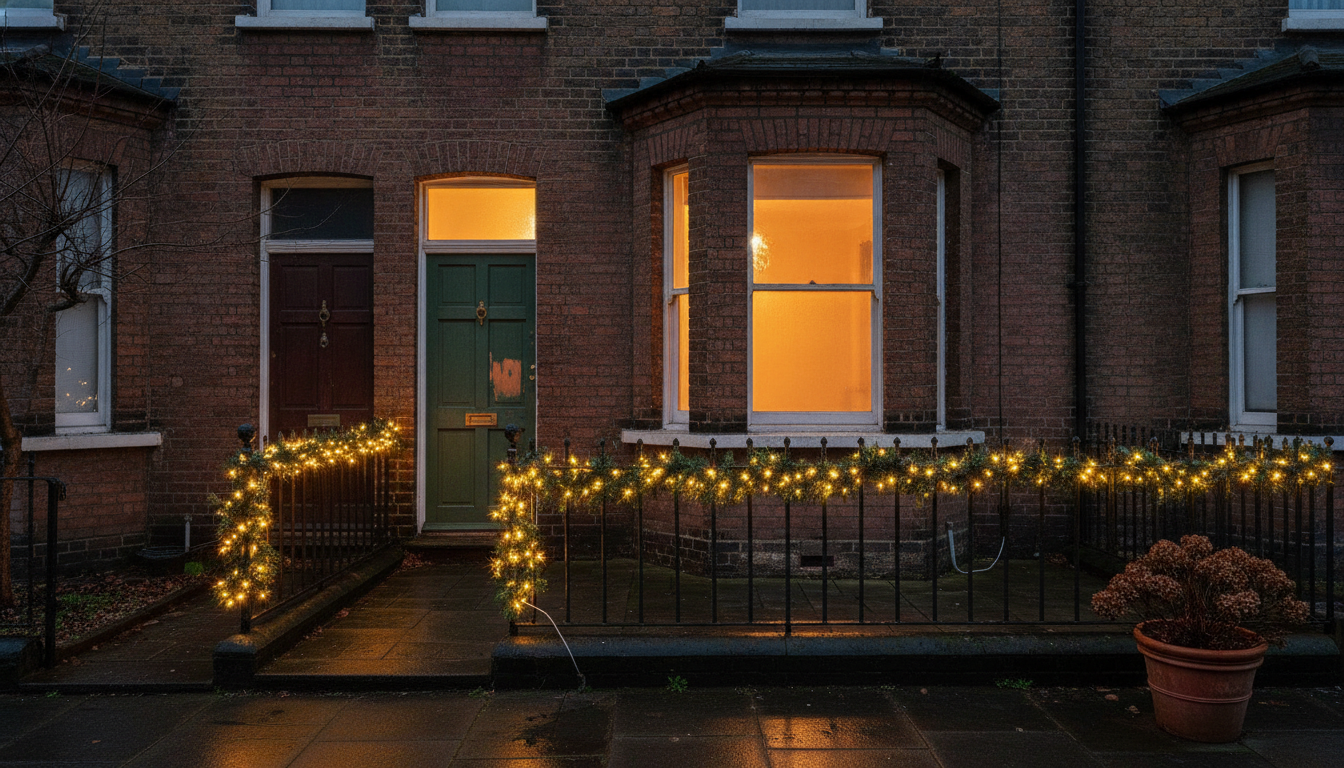 AI Christmas lights design generator result: a Victorian brick terrace with a lit evergreen garland along the iron railings and the gate posts wrapped
