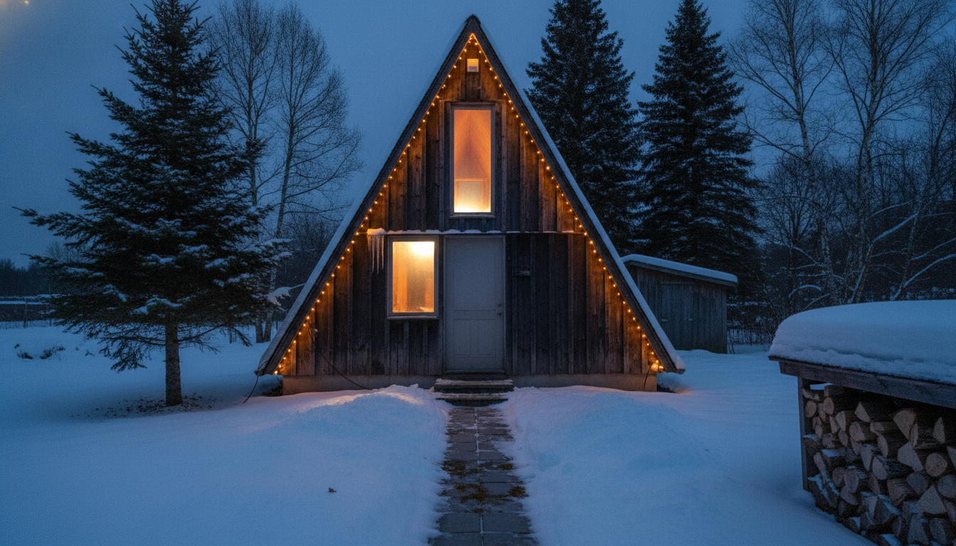 AI Christmas lights design generator result: a snowy A-frame cabin with both roof edges outlined in warm white bulbs and warm light on the trodden path