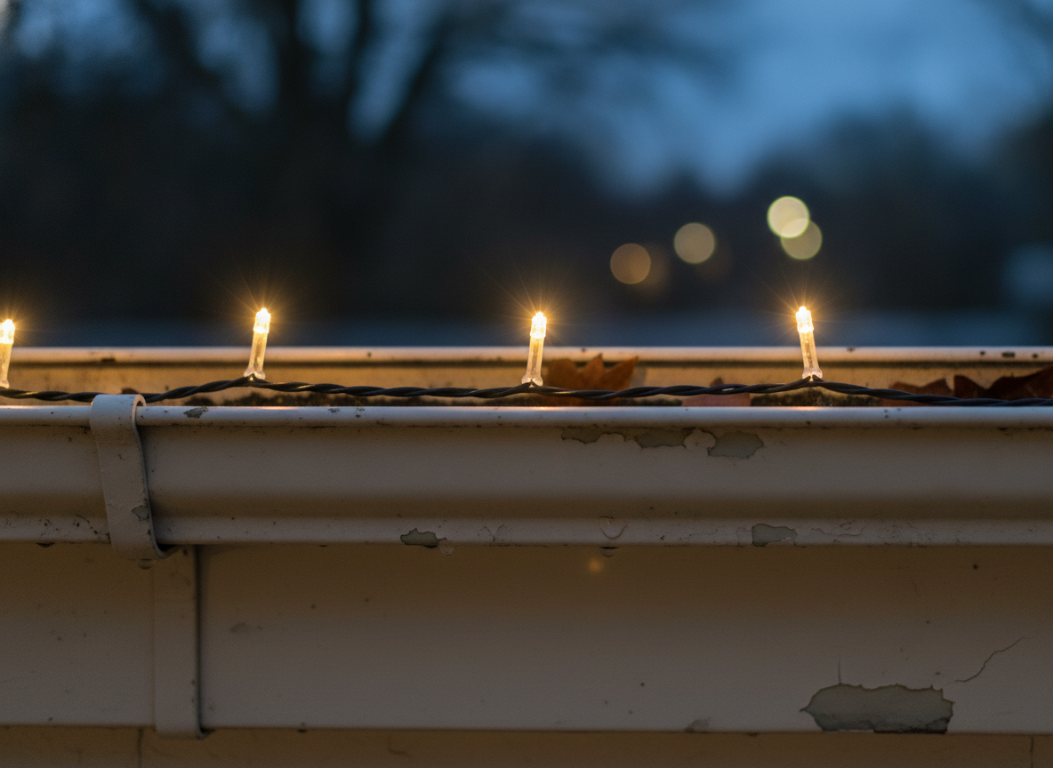AI Christmas lights design generator result: an extreme close-up of warm white bulbs clipped to the flaking painted lip of a gutter at dusk