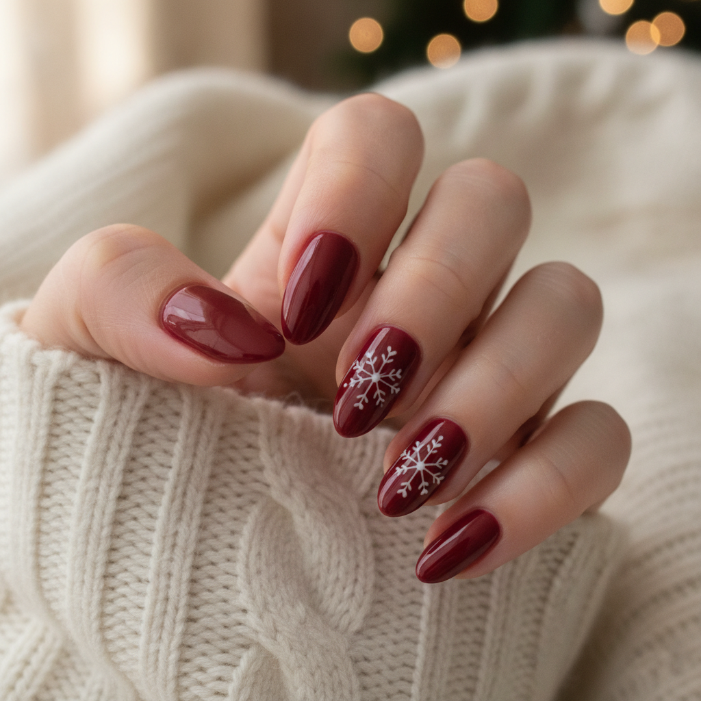 Cranberry red almond nails with hand-painted white snowflake accents, a classic Christmas nail design