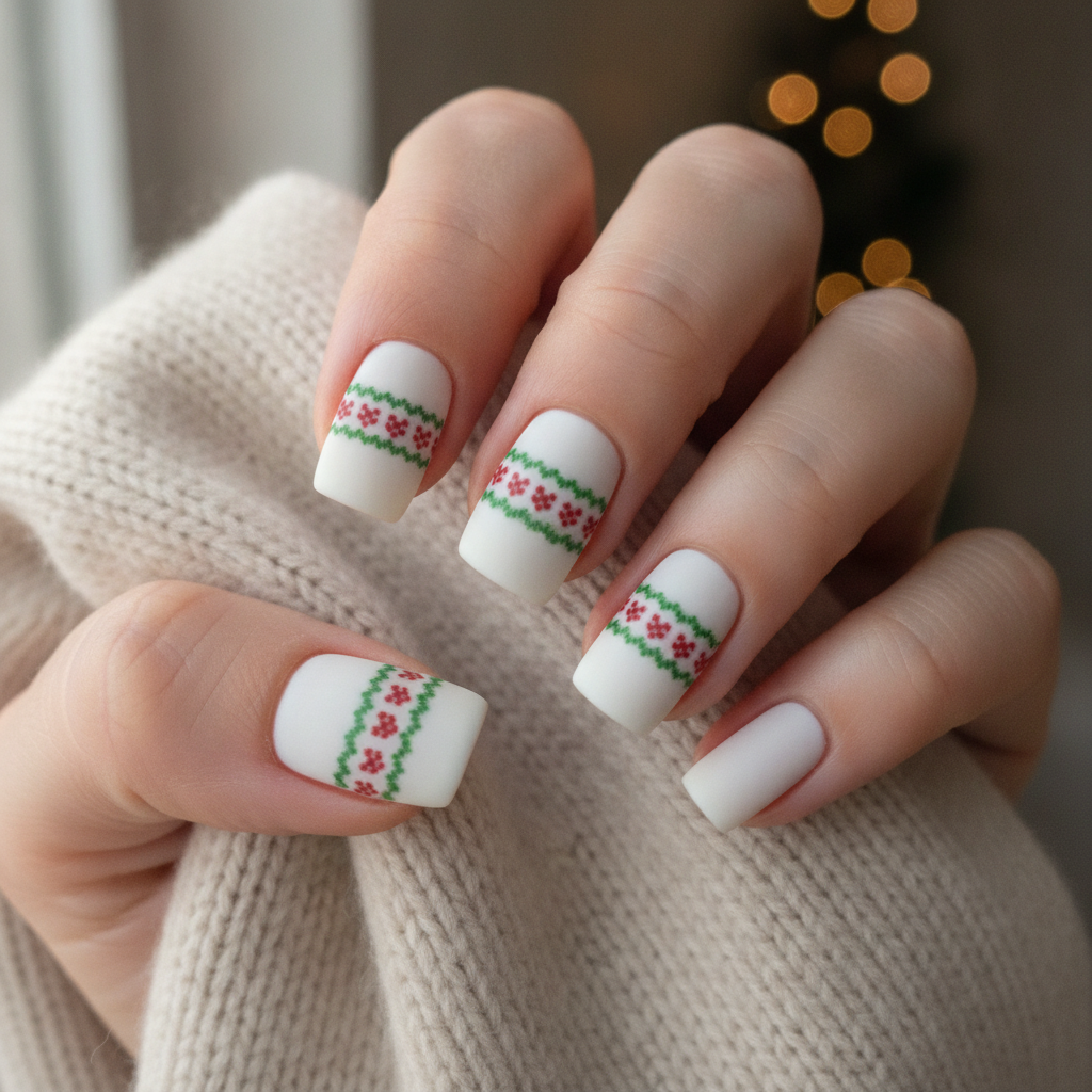 Fair Isle sweater Christmas nail design in matte white with red and green knitted bands on short square nails