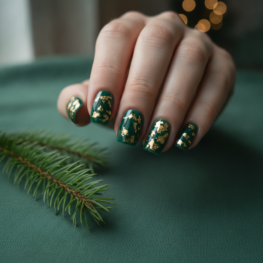 Emerald green jelly nails scattered with gold leaf flakes, a festive Christmas nail design idea