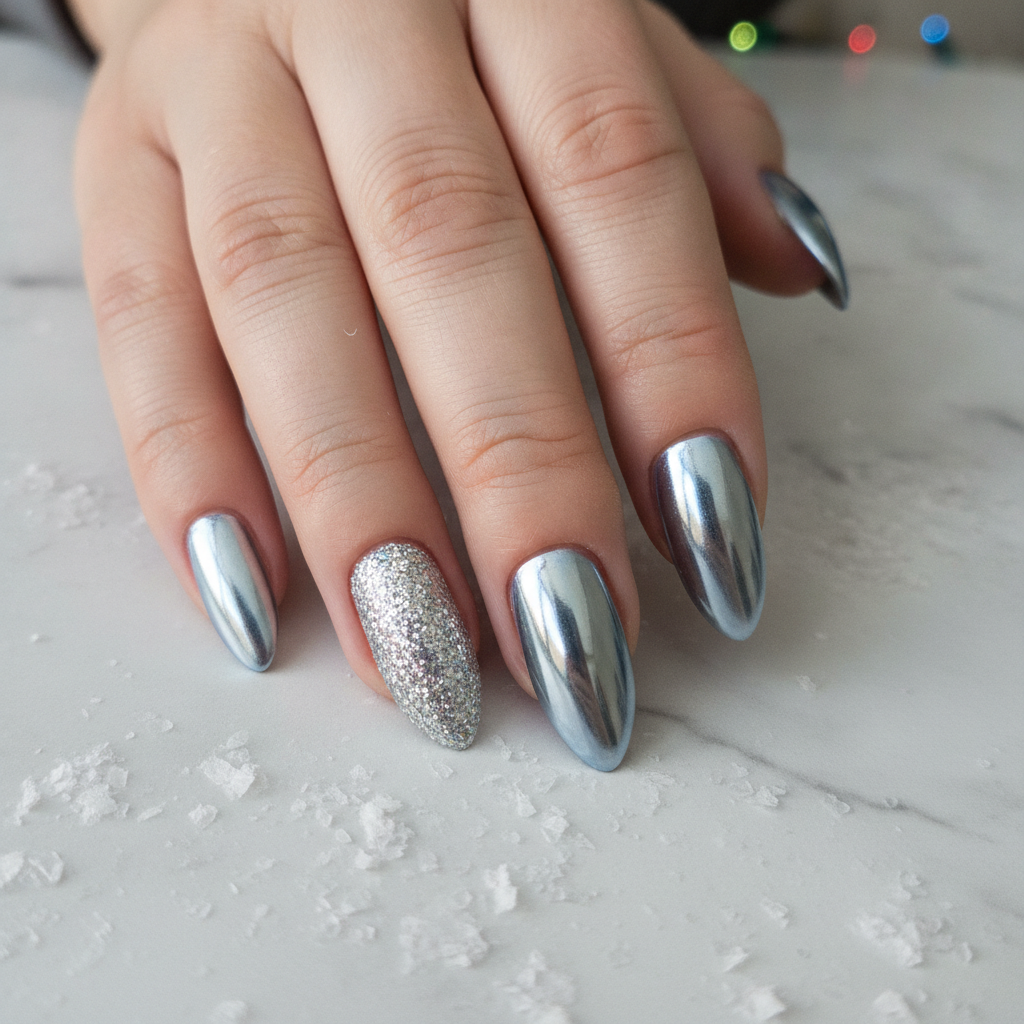 Icy silver chrome Christmas nails with one frosted glitter accent nail on long almond tips