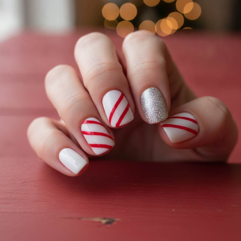 Candy cane Christmas nail design with red diagonal stripes on white and a silver glitter accent nail