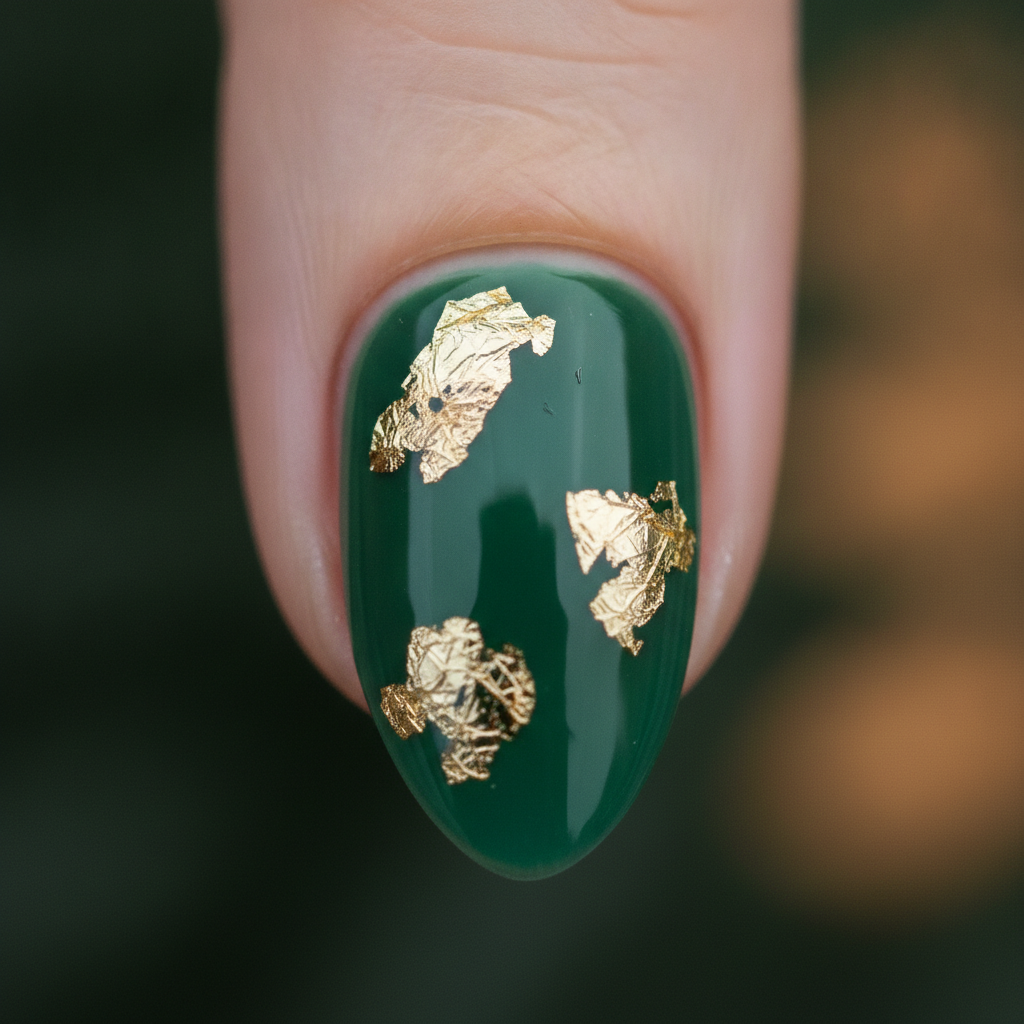 Macro close-up of a forest green gel nail with gold foil flakes under a thick glossy top coat
