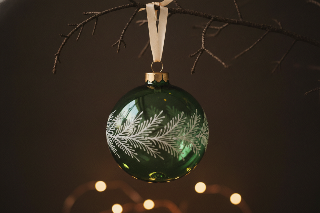 AI Christmas ornament generator result: a hand-blown deep green glass sphere on a bare twig, with a brass crown cap, an ivory silk ribbon and warm fairy lights thrown out of focus behind it. The glass is the convincing part, with a hard specular highlight on the upper left, a soft transmitted glow through the lower body and a faint pontil ring at the base. Two things did not come back as asked. The painted band was specified as fine white frost crystals and arrived as cedar foliage, because feathered branching arms is a description that maps to a conifer sprig long before it maps to ice. And the ribbon runs through the cap loop and then simply disappears behind the branch, tied to nothing