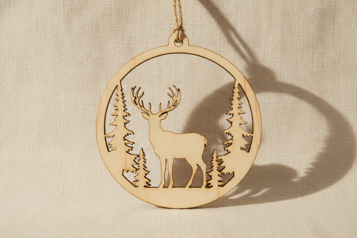 A flat laser-cut birch plywood disc with a stag among pine trees pierced clean through the panel and the cut edges scorched a warm caramel brown against the pale sanded face. The scorch line is the giveaway that a laser rather than a saw made the cut, and the structure is sound in the way a cut-through design has to be: the trees carry the outer ring, a ground bar carries the stag, and nothing floats free in a hole. What the frame does not give you is the edge. The three plywood plies were asked for as visible stripes on the outside of the disc and came back as a plain pale band, which is the one detail that tells a buyer whether a piece is plywood or MDF