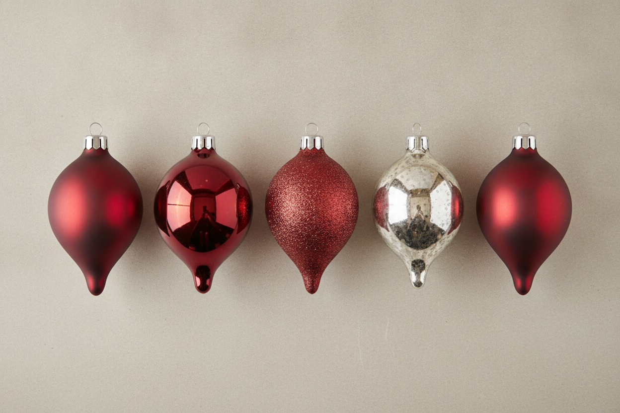 The comparison row, and the frame that earns its place on the page: five teardrops shot straight down, same shape, same size, same silver cap, with the surface finish as the only thing that was supposed to change. This is the first rig in this series where the scale held perfectly, five identical heights and no drift. Two other variables moved instead. The fourth was asked for mercury glass in the same deep red as its neighbours and abandoned the colour entirely to come back silver. And the fifth, specified as frosted, is indistinguishable from the matte at the far left. What is presented as five finishes is really three, plus a mercury that changed the subject